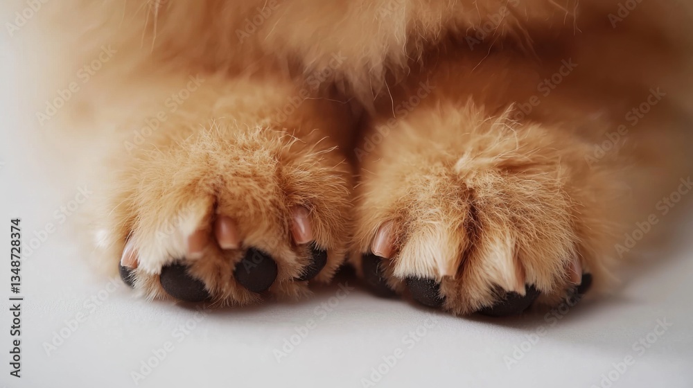 Obraz premium Cutting claws and haircut of dog paws at home, dog grooming, pomeranian care on light background