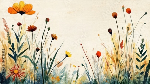 Watercolor wildflowers in a meadow