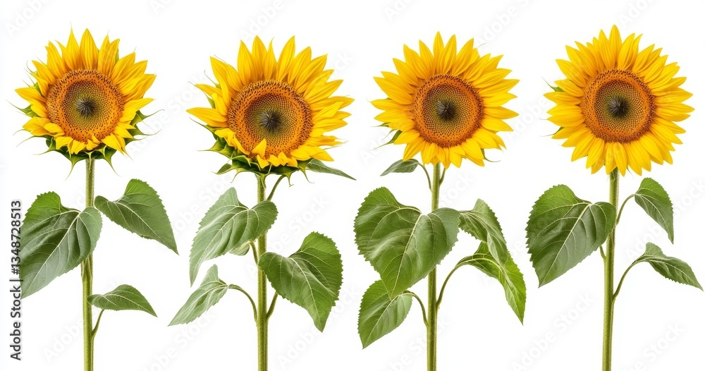Obraz premium Four vibrant sunflowers against a white background. Each displays a perfect yellow bloom with detailed green leaves and stems, showcasing natural beauty