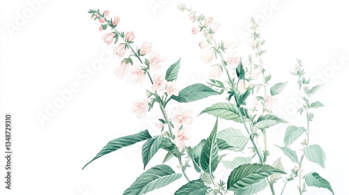Delicate Pink Flowers and Greenery on White