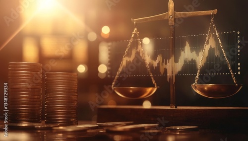 Financial equilibrium, scales of justice, and investment.  A vintage scale, representing balance, sits amidst stacks of coins, with an overlaid stock chart