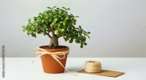 A Dwarf Jade (Portulacaria Afra) Bonsai Presented as a Thoughtful and Eco-Friendly Gift, Adorned With a Simple Ribbon- photo