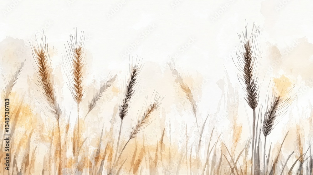 Obraz premium Warm, soft background with floating wheat grains and bokeh lights, evoking autumn vibes, cozy seasonal atmosphere, and a dreamy, rustic aesthetic. 