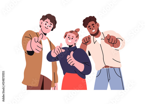 Happy people pointing at you, choosing and inviting hand gesture. Excited positive team picking, indicating with finger. Hiring, choice concept. Flat vector illustration isolated on white background