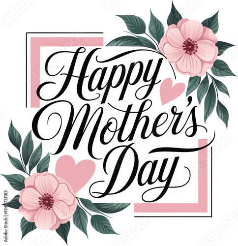 Happy Mothers Day, flower and calligraphy pink banner. Vector chamomile blossom decoration for Mother's day or sale shopping special offer poster. Best Mom ever greeting card