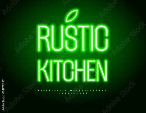 Vector Glowing banner Rustic Kitchen with decorative Leaf. Electric Green Font. Illuminated Alphabet Letters and  Numbers set
