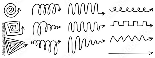 Arrows doodles. Swirling patterns, zigzags, and straight arrows. Variety of shapes and directions. Monochrome black and white. Hand drawn vector set isolated on transparent background