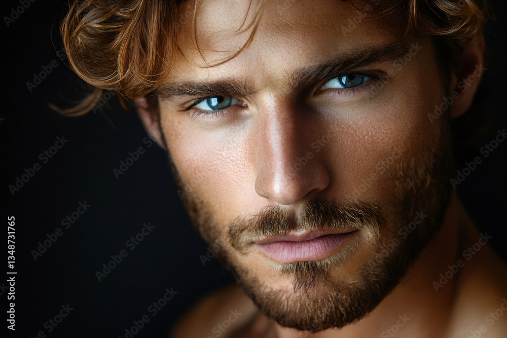 Fototapeta premium Close up studio portrait of a confident male model with striking blue eyes, brown hair, and beard, conveying a sense of assertiveness