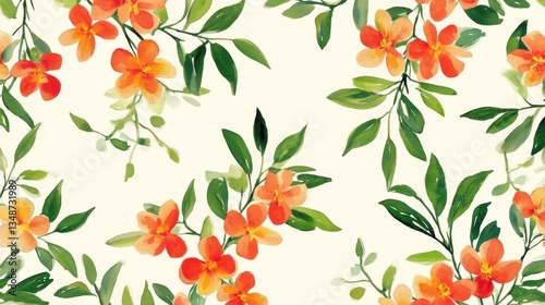 Orange Floral Pattern on Cream Background