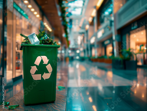 garbage can with a recycling sign in a shopping center, copy space for text - for posts, presentations and blogs, educational content about recycling, environmentalism and reuse