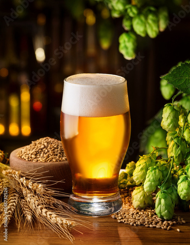A Belgian beer glass filled with golden ale resting on a wooden bar counter surrounded by hops and malt