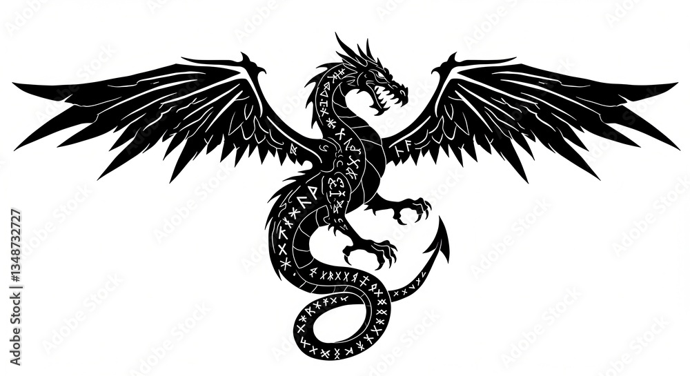 Obraz premium Intricate black dragon illustration with wings spread, showcasing detailed scales and mystical symbols - dragon tattoos with wings