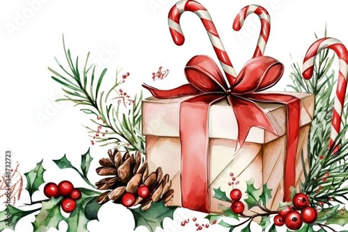 A cheerful watercolor painting of a festive Christmas gift. 