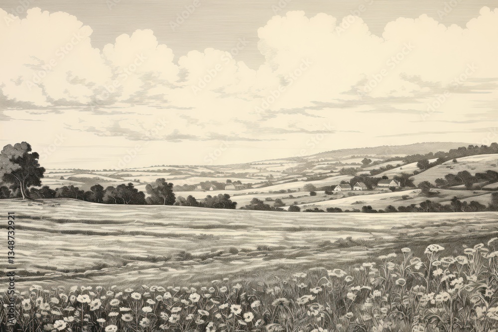 Fototapeta premium Meadow landscape drawing illustrated grassland.