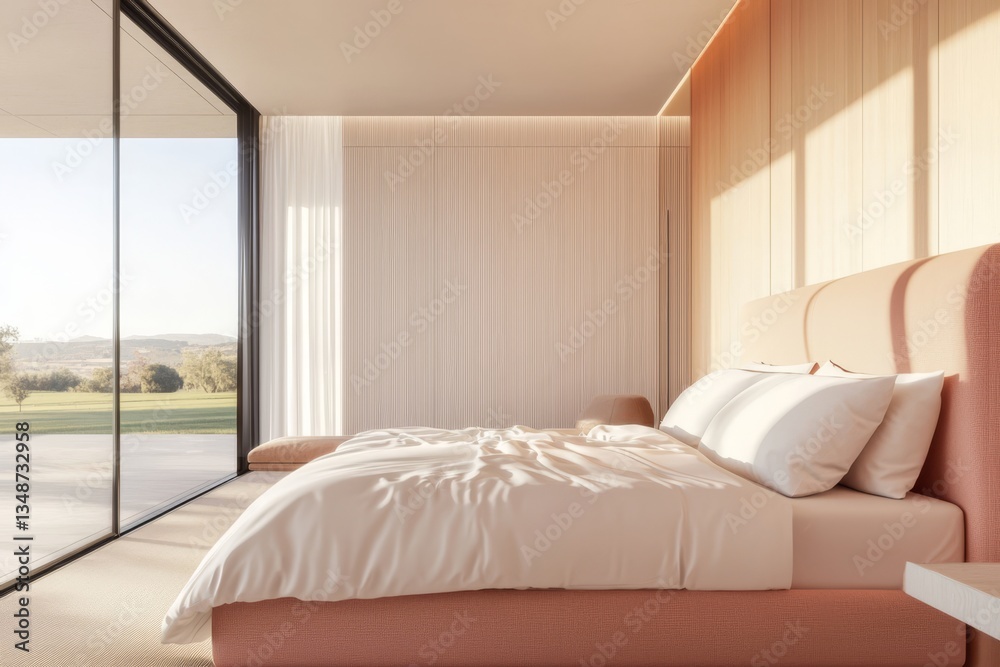 Create a peaceful atmosphere in a bedroom with large windows. Create a peaceful atmosphere in a bedroom with large windows.