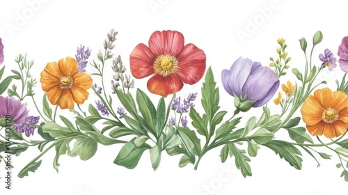 Floral border with wildflowers and herbs