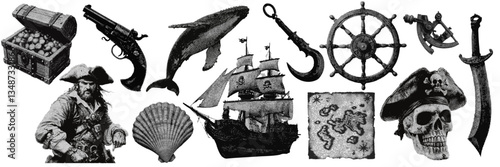 Set of pirate halftone grunge vector design elements