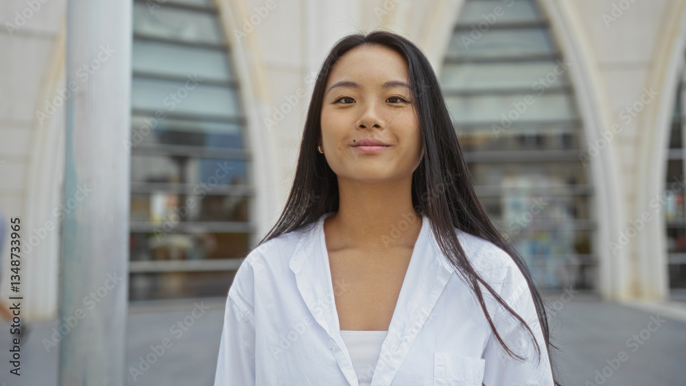 Young chinese woman standing outdoors in an urban city street, smiling confidently with a modern building in the background. Young chinese woman standing outdoors in an urban city street, smiling confidently with a modern building in the background.