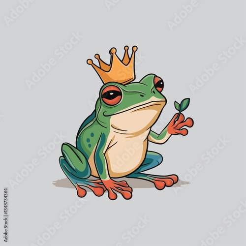 Cute Frog King Cartoon – Funny Toad with Crown and Leaf Clipart

