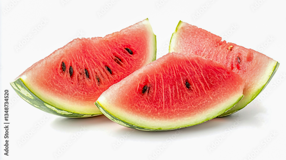 Two fresh watermelon slices isolated on a clean white background, showcasing vibrant color and texture Two fresh watermelon slices isolated on a clean white background, showcasing vibrant color and texture