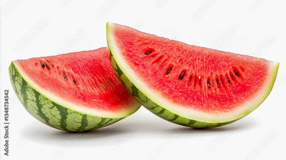 Two fresh watermelon slices isolated on a clean white background, showcasing vibrant color and texture Two fresh watermelon slices isolated on a clean white background, showcasing vibrant color and texture