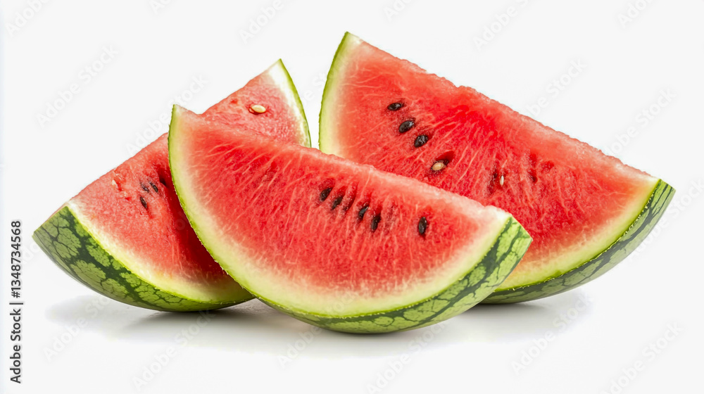 Two fresh watermelon slices isolated on a clean white background, showcasing vibrant color and texture Two fresh watermelon slices isolated on a clean white background, showcasing vibrant color and texture