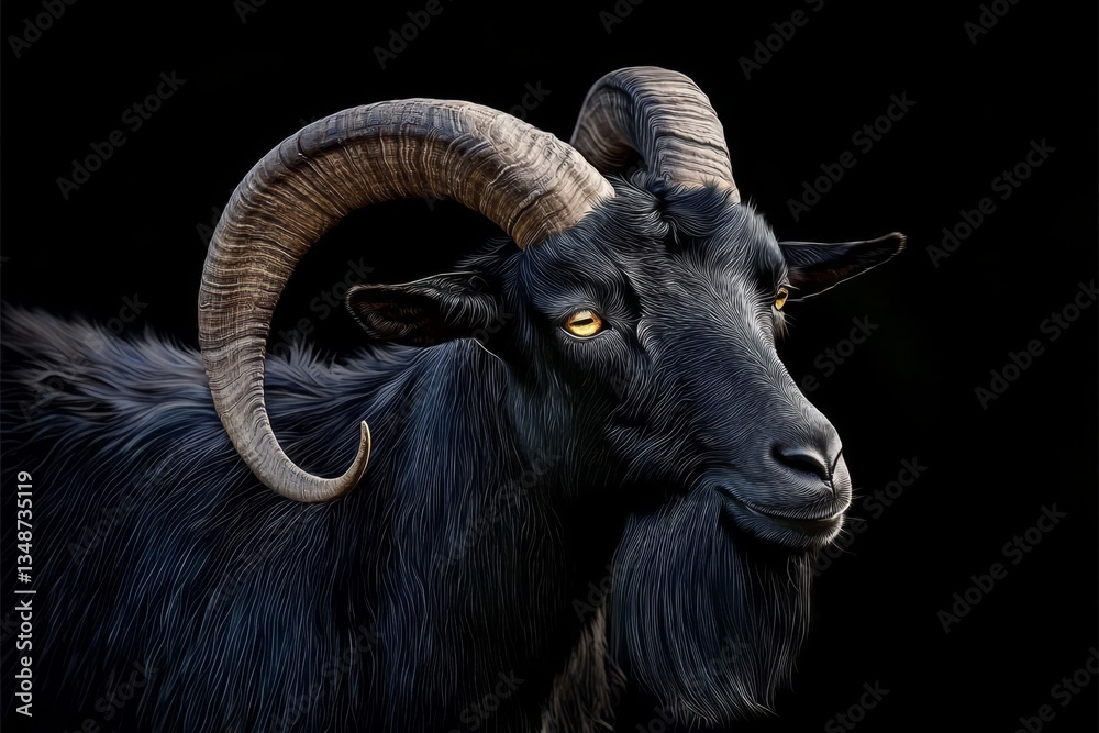 Naklejka premium A striking black goat with impressive long curved horns.