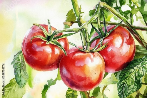 Depiction of three freshly harvested tomatoes still connected to their plant.