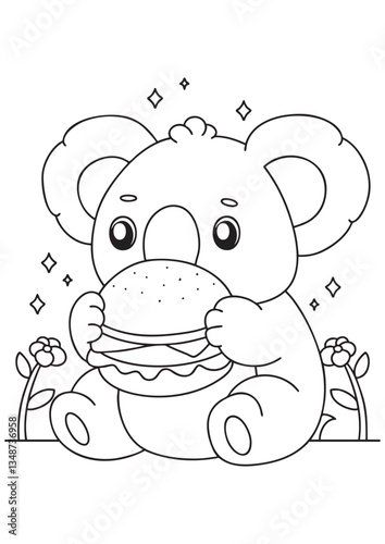 Coloring book cute koala eating burger illustration 