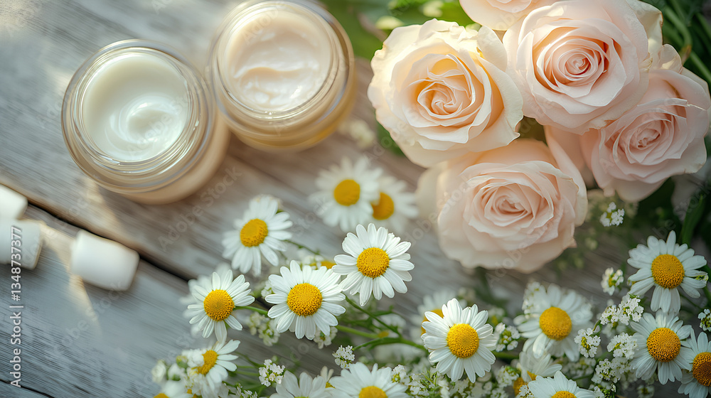 Soft pink and white roses with chamomile flowers arranged beside organic beauty products on rustic wooden surface in sunlight
Soft pink and white roses with chamomile flowers arranged beside organic beauty products on rustic wooden surface in sunlight