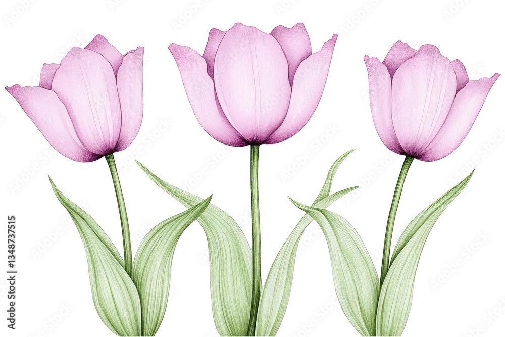 Fototapeta premium Elegant Pink Tulip Flowers Illustration with Green Leaves Against a Transparent Background a Botanical Art Design for Spring Season