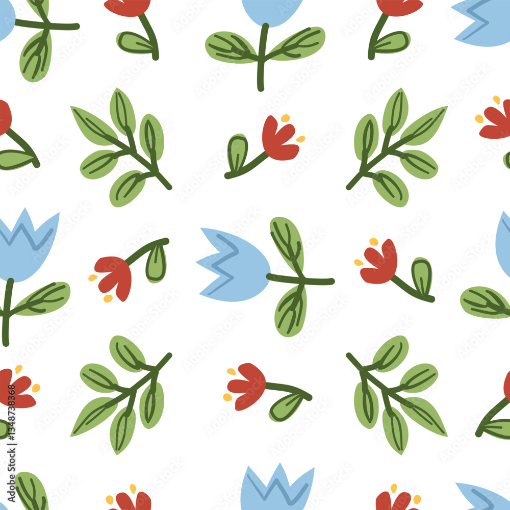 Naklejka premium White background featuring blue and red flowers with green stems in a scattered pattern, perfect for nature-inspired designs.