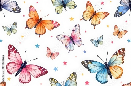 Seamless watercolor pattern with butterflies on a white background