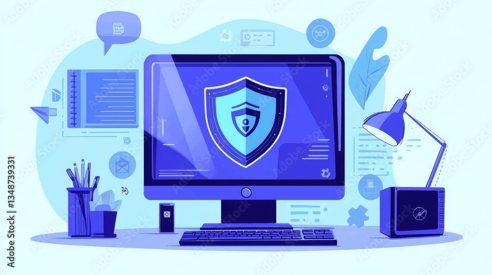 Visual representation of a secure private network with a computer shield. Visual representation of a secure private network with a computer shield.
