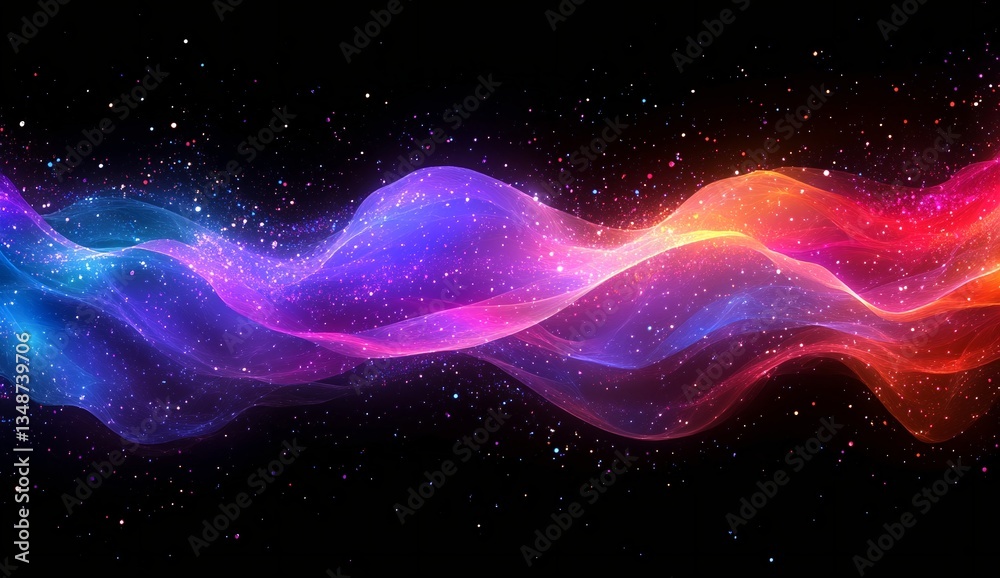 Obraz premium Vibrant cosmic wave, swirling with blues, pinks, and oranges against a dark, starry backdrop.