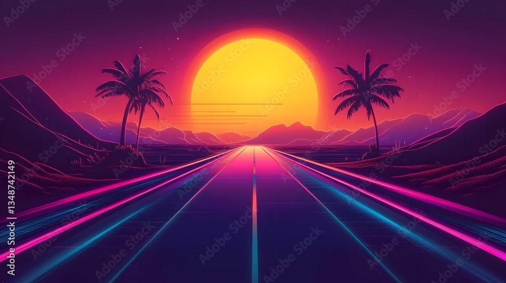 Naklejka premium A retro style highway stretches to the bright setting sun