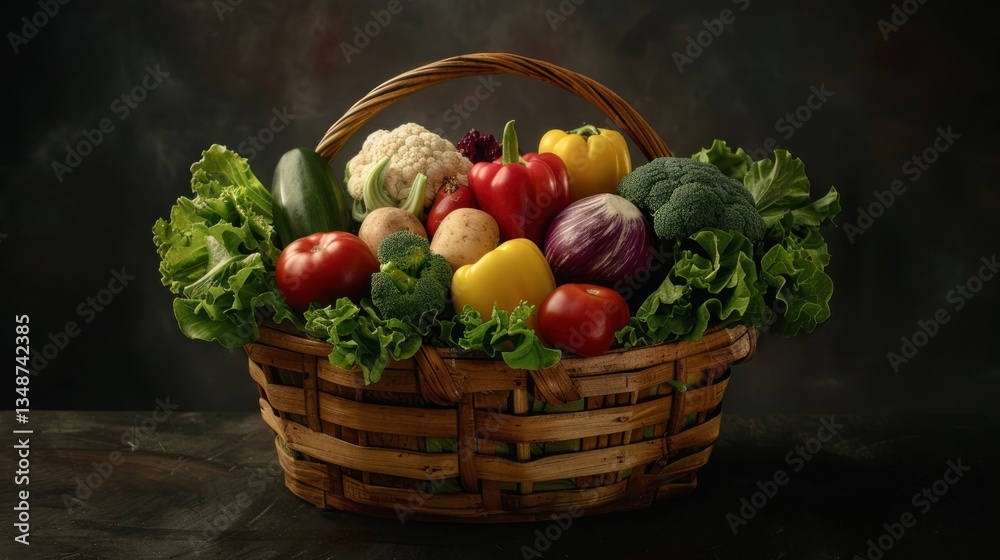 Fresh vegetables in a basket, dark studio setting Fresh vegetables in a basket, dark studio setting