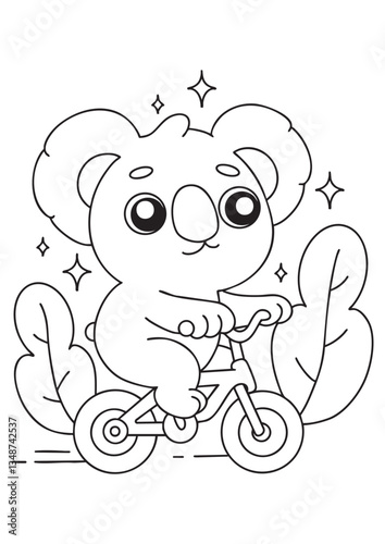 Coloring book page koala ride cute bicycle in nature