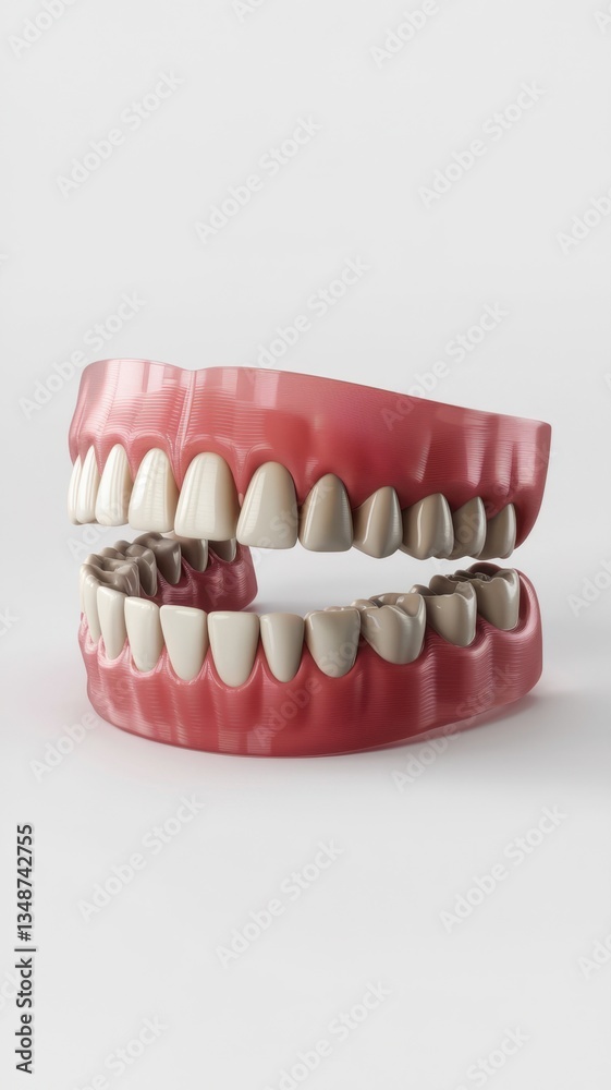 Obraz premium Detailed render of printed dentures showcasing upper and lower jaw structures with natural tooth designs