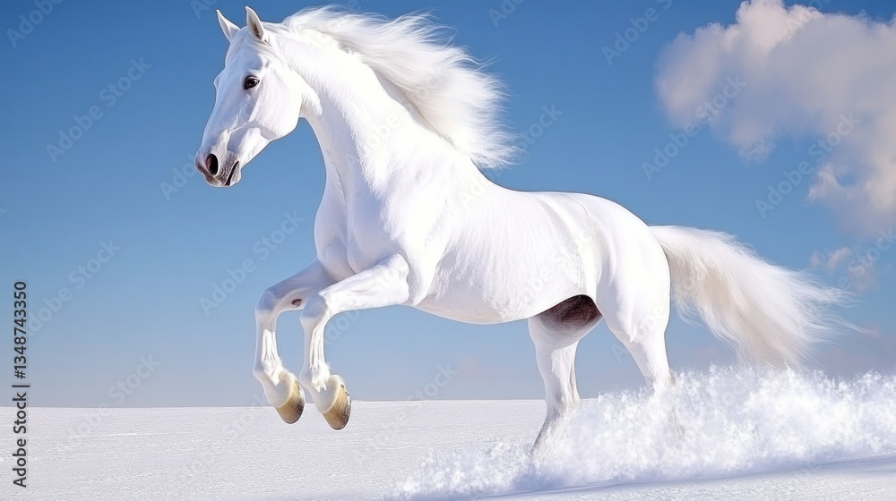 Fototapeta premium Majestic White Stallion Galloping Across Snowy Landscape Under a Bright Blue Sky