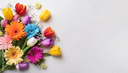 glad easter banner with a gaggle of actual colorful flowers on white historical past