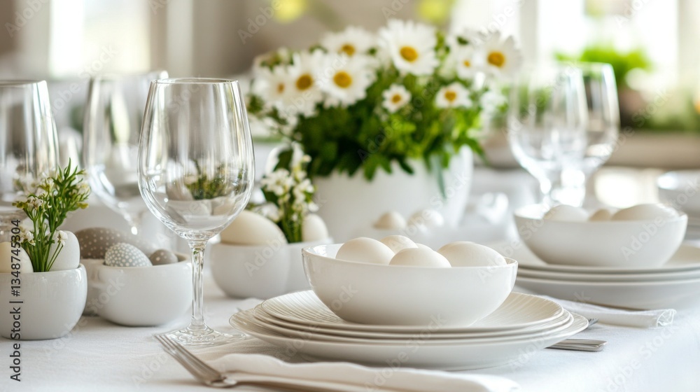 Elegant Easter Table Setting With White Eggs And Daisies Elegant Easter Table Setting With White Eggs And Daisies