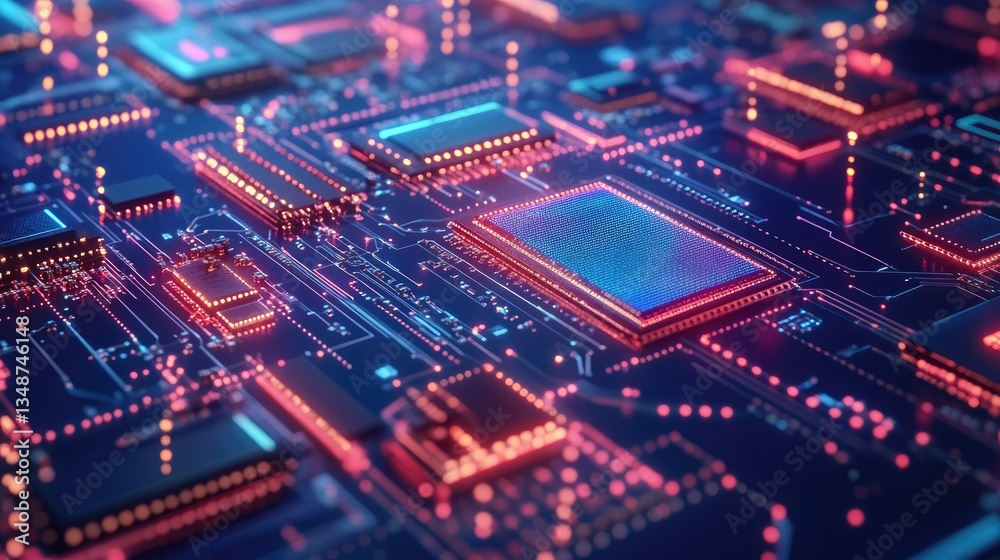 Fototapeta premium Futuristic Technology Background with Circuit Board and Neon Lights