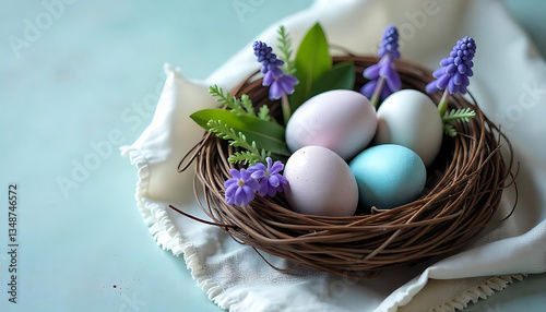 Happy Easter concept with easter eggs in nest and spring flowers Easter background with copy space, Spring composition, Easter modern minimal banner. Season greetings mockup,created with generative ai