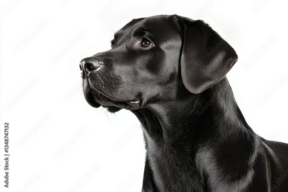 White background highlights black labrador features. White background highlights black labrador features.