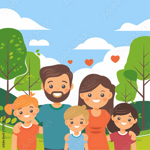 Illustration of a happy family with two parents and three children in a park with trees and clouds