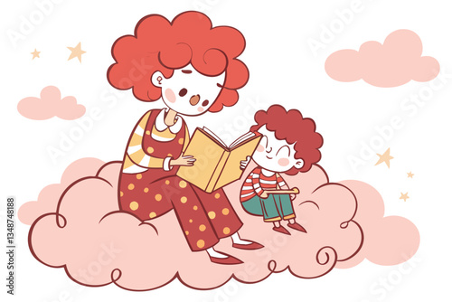 27 Whimsical illustration, mother and child reading together, sitting on pink cloud, curly red hair, colorful clothes, storybook, nurturing moment, children's book style, soft pastel colors, floating 
