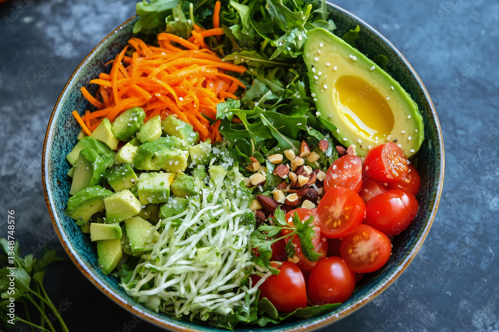bowl of salad with avocado, tomatoes, and carrots. The bowl is blue and has a blue background bowl of salad with avocado, tomatoes, and carrots. The bowl is blue and has a blue background