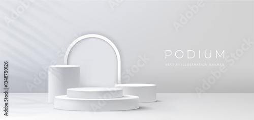 Podium background. White stand, 3D platform display, stage pedestal different forms. Cylinder with minimal shadow with arch. Base mockup wall, studio scene. Banner template. Vector room showcase