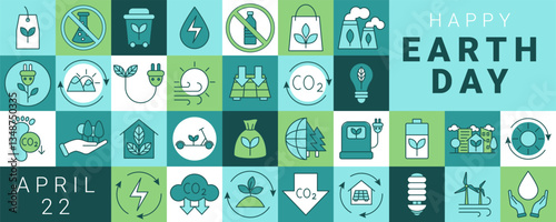 Earth day background. Icon nature ecology geometrical elements. Environment energy ECO pattern, different tiles. Carbon footprint CO2, save tree. Globe protection. Vector green garish technology